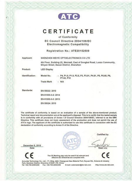 China Shenzhen Weiye Optoelectronics Co., Ltd. certificaciones