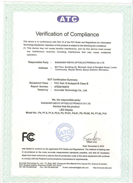 CHINA Shenzhen Weiye Optoelectronics Co., Ltd. certificaciones