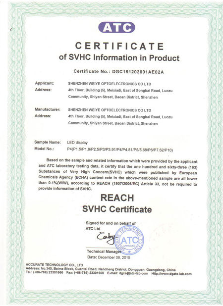 CHINA Shenzhen Weiye Optoelectronics Co., Ltd. certificaciones